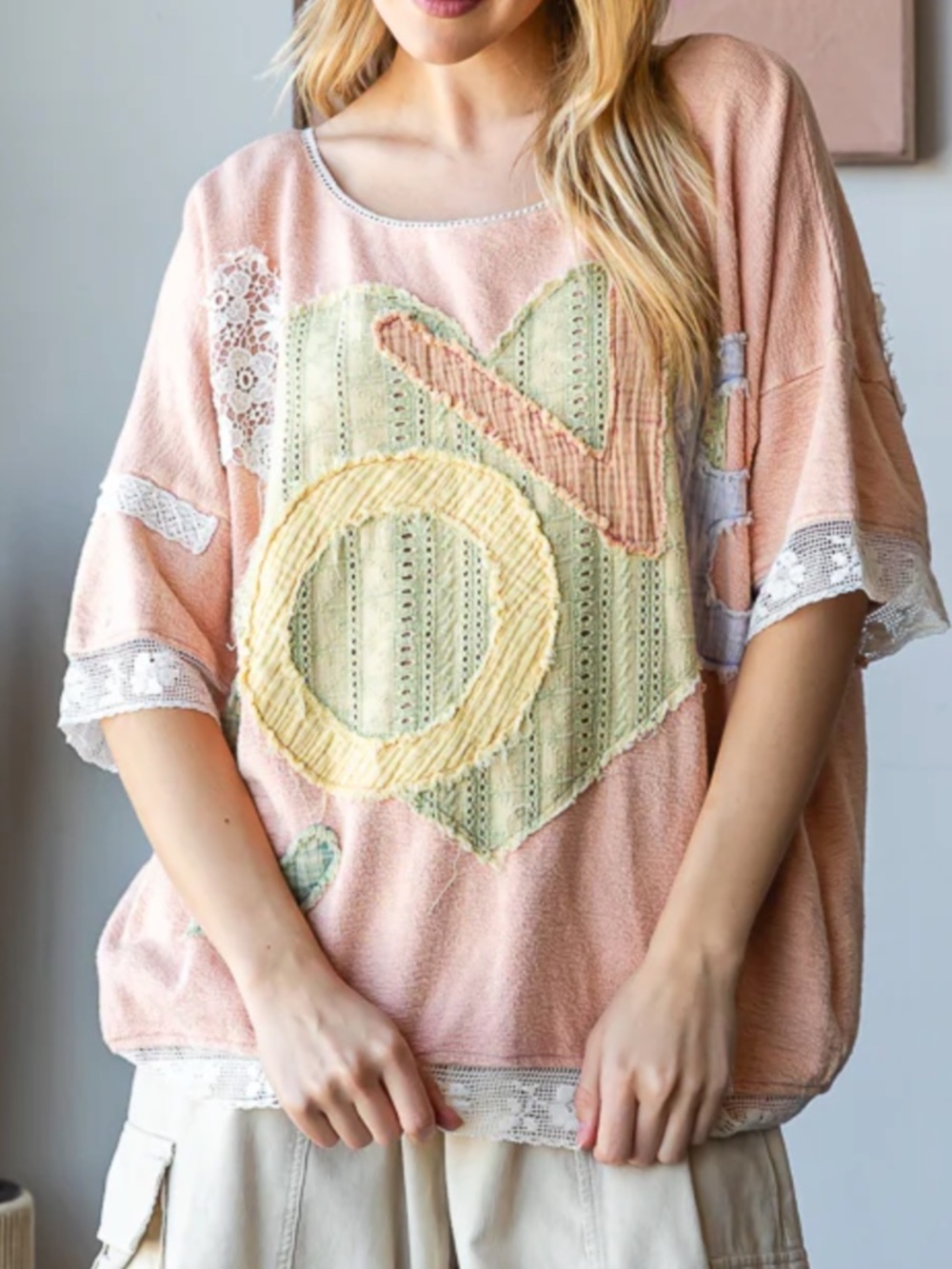 Oli & Hali Love Heart Lace Patchwork Loose Fit Short Sleeve Top